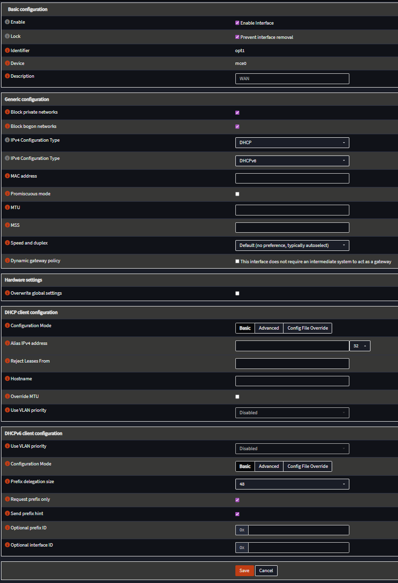 Init7 WAN interface in OPNsense: DHCP for IPv4 and DHCPv6, private and bogon blocking disabled