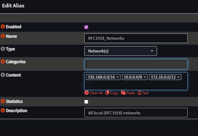 OPNsense alias covering RFC1918 private ranges