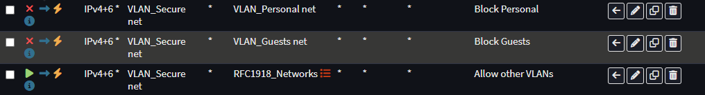 OPNsense firewall rules isolating the secure VLAN
