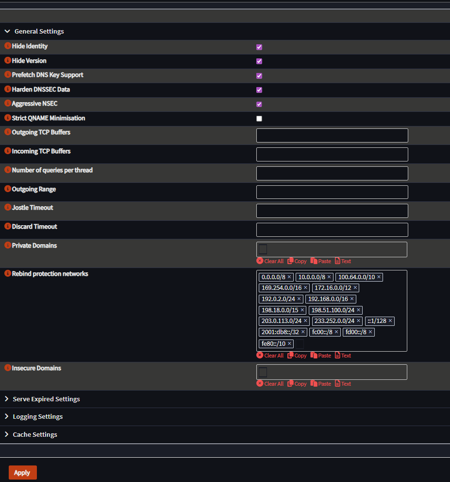 OPNsense Unbound DNS advanced private-address settings