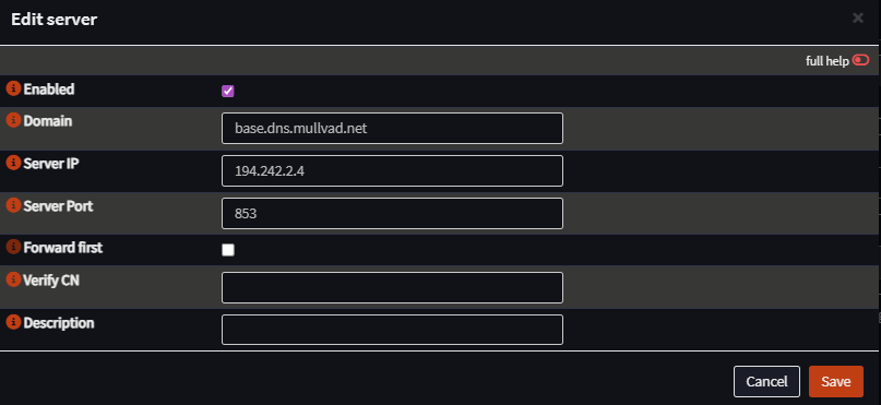 OPNsense Unbound DNS-over-TLS forwarders using Mullvad